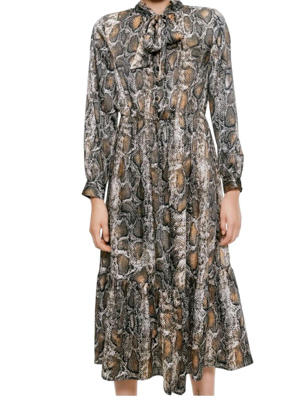 Zara Brown Snakeskin Animal Print Long Sleeve Button Front Tie Neck Midi Dress L